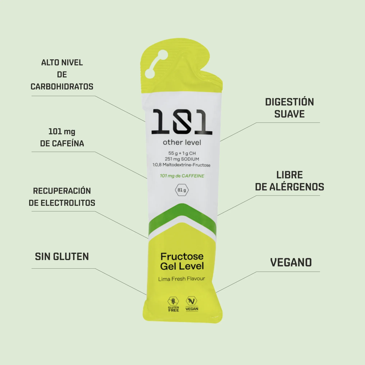 Gel Energético 101 Other Level Fructose Gel Level Lima Fresh con Cafeína 81 g | Terrabike